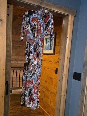 Paisley Print Maxi Dress with Red and Blue Accents